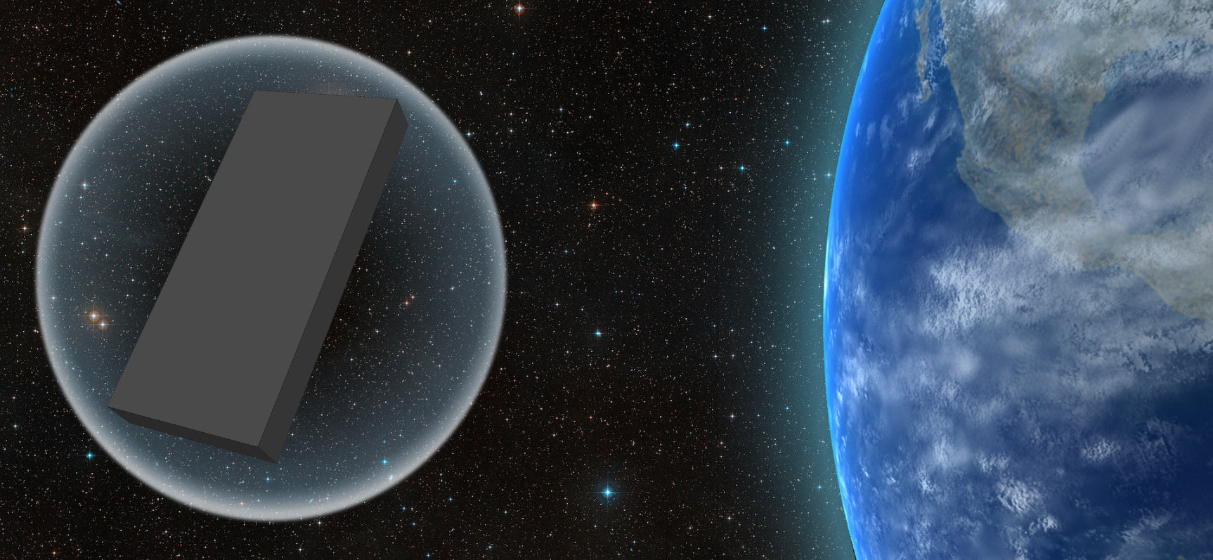 Advanced Monolithix Hero image depicting a “starchild monolith” approaching the Earth